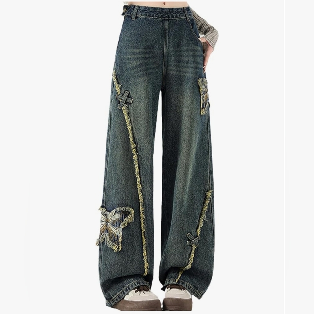 Casual Pants high Street y2k Butterfly Embroidery Retro Blue Jeans
